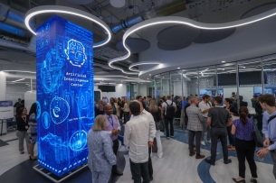 A group of people gathered at a newly opened Artificial Intelligence Center. A futuristic blue sign bearing the name of the center anchors the left side of the frame.